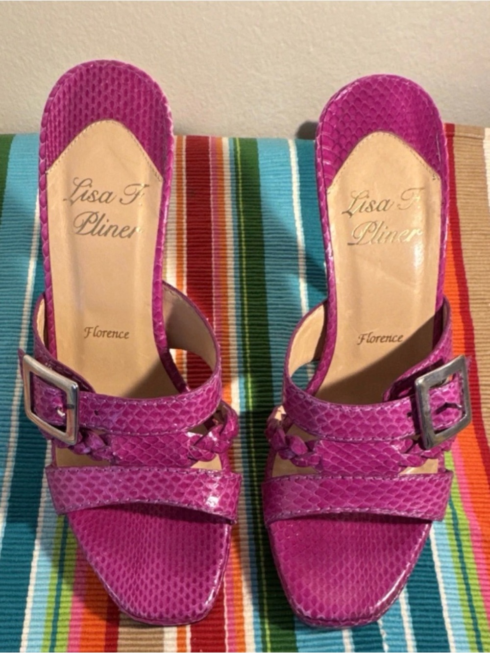NDesigner Hot Pink Leather upper lining and sole Snake-Embossed Slide Heels Sz 7